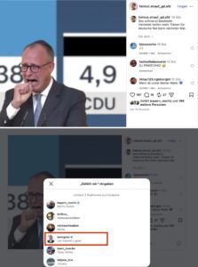 Antisemitisches Posting von Helmut Strauf und Leo Lugners Like (Screenshots Insta 21.9.26)