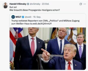 Harald Vilimsky zum Auschluss von CNN, MS Now und Politico aus dem Weißen Haus: "Gut so! Wer braucht diese Propaganda-Hooligans schon?" (Screenshot X, 19.9.26)