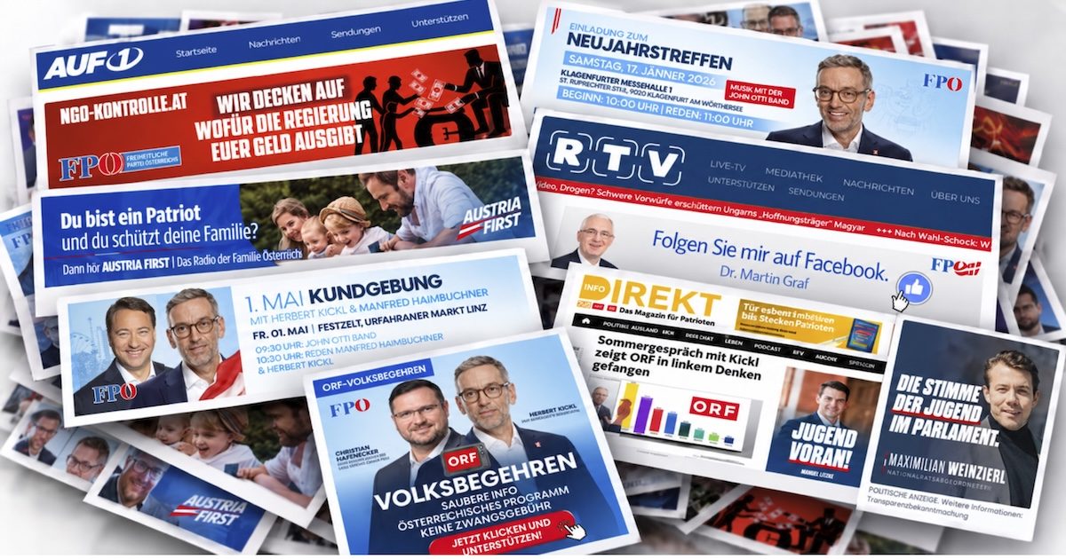 FPÖ-Inserate in rechtsextremen Medien (Collage mit Screenshots KI-generiert)