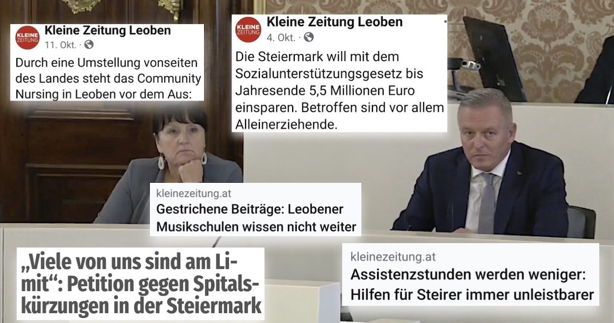 Manuela Khom, ÖVP, Vize-LH und Mario Kunsasek, FPÖ, LH (Screenshot Sondersitzung zu Budgetkürzungen, Livestream Land Steiermark 20.10.26)