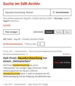 Beispiel neue Suche: Hausdurchsuchung unter Ausschluss des Wortes "Küssel" ( -Küssel)