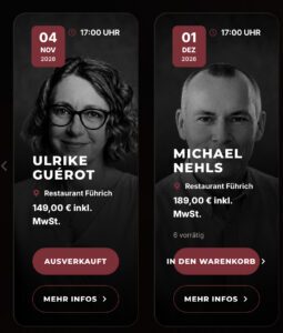 Während für Ulrike Guérot bei den Petra Führich Talks um 149 Euro zu haben ist, müssen für Michael Nehls 189 Euro hinblättert werden (Screenshot Website fuehrichtalks, 22.10.26)