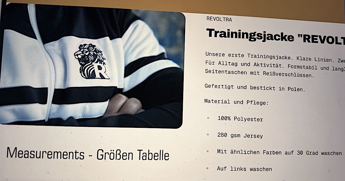 Trainingsjacke mit Revoltra-Logo um 82 Euro im Shop (Screenshot Website Revoltra)