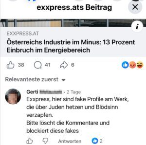 Widerspruch gegen antisemitische Kommentare (Screenshot FB exxpress 9.10.26)