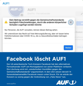 Facebook löscht AUF1 (Screenshot TG AUF1)