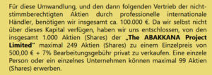 Abakkana-Aktie um 500€ + 7 % Bearbeitungsgebühr