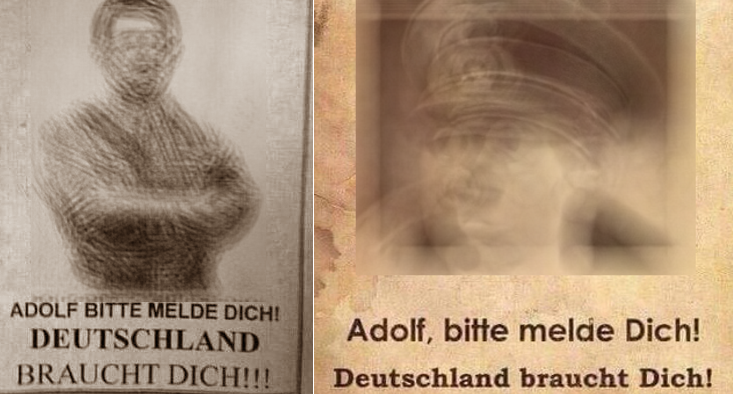 Das „Adolf bitte melde dich, Deutschland braucht dich“ ist ein bekanntes Nazi-Sujet, das seit Jahrzehnten verbreitet wird, durch die sozialen Medien umsomehr. (Von uns wurde das Bild etwas verwackelt.)