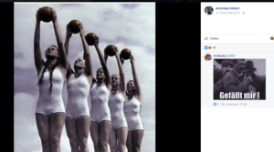 Andreas "Wotan" postet Propagandafoto aus dem NS (Ballgymnastik 1933), Wolfgang L. antwortet mit Hitler-Foto. (Screenshot FB 2016)