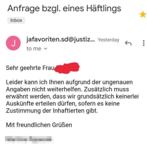 Antwort aus JVA bzgl. Anfrage Häftling "Mr. Bond"