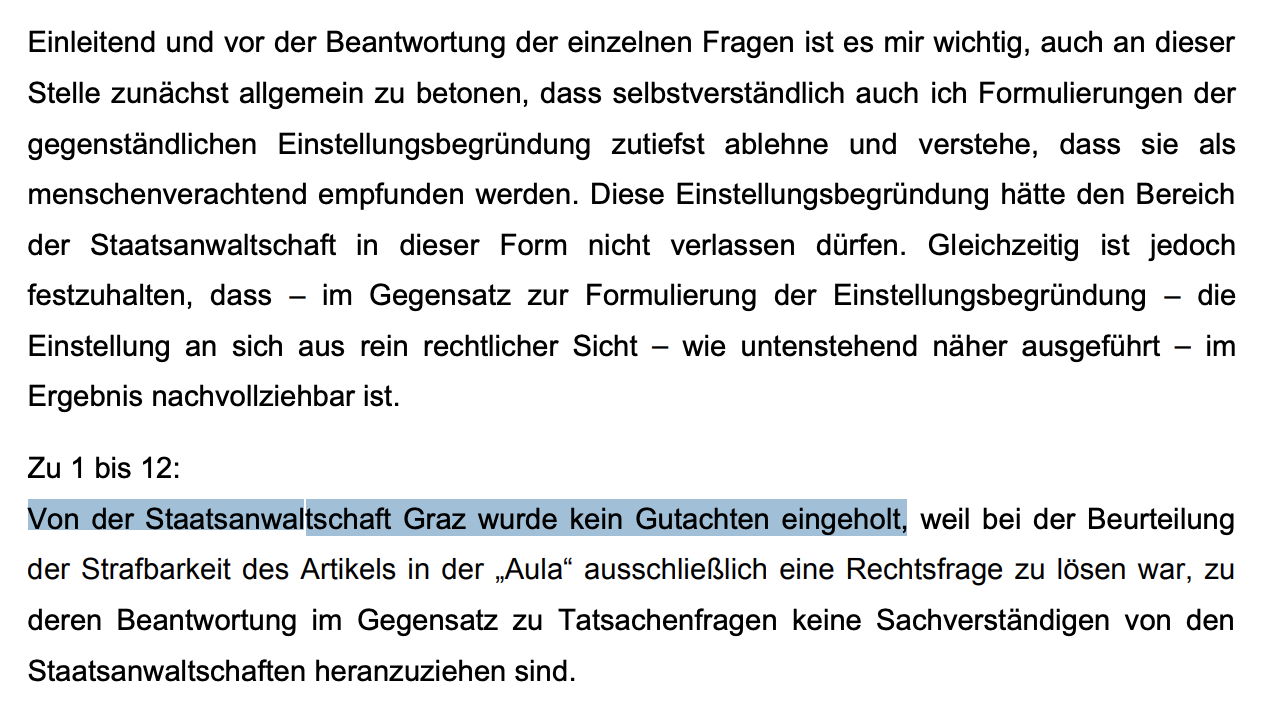 Anfragebeantwortung 2016 durch den damaligen Justizminister Brandstetter: "Von der Staatsanwaltschaft wurde kein Gutachten eingeholt ..."