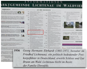 Anschlagtafel in Lichtenau mit Erwähnung von Ehrhardt: "ein politisch bedeutender Freikorpsfüher in Deutschland, erwirbt Schloss und Gut Brunn am Wald"