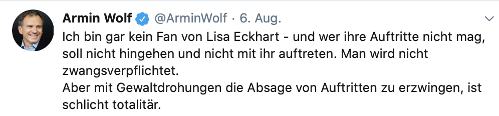 Auch Armin Wolf distanziert sich von den imaginären "Gewaltdrohungen" (Twitter)
