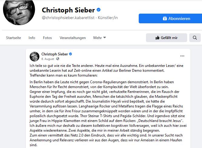 Posting Christoph Sieber zur 1. größeren Corona-Demo in Berlin (Ausschnitt)