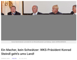 Die "Austria Depesche" lobbyiert für Konrad Steindl – bis 2013 ÖVP-NR-Abg., danach bis 2019 Salzburger Wirtschaftskammerpräsident. 2.v.l: Tom Rohrböck (Quelle: Austria Depesche)