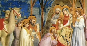 Anbetung der Könige; Fresko in der Scrovegni-Kapelle von Giotto di Bondone (um 1303) – Ausschnitt