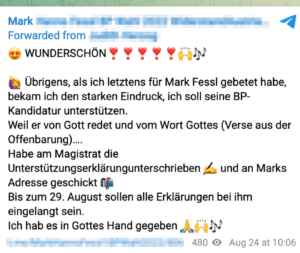 Beten für Kandidat Fessl, weil er von Gott redet (Telegram)