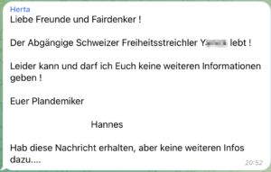 Hannes Brejcha verlautbart in einer Nachricht, dass Y.I. lebt. Weitere Infos gibt's nicht mehr. (Screenshot TG)
