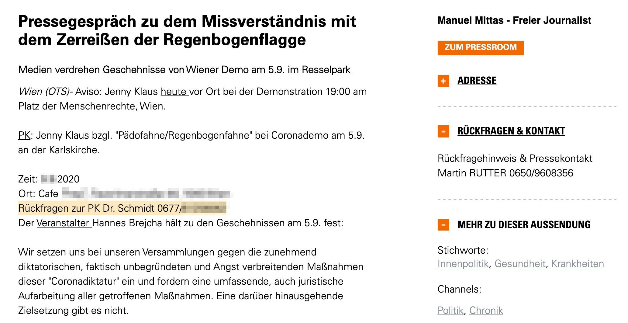 Presseaussendung der Corona-"Querdenker": "Rückfragen zur PK Dr. Schmidt"; Rutter als Pressesprecher