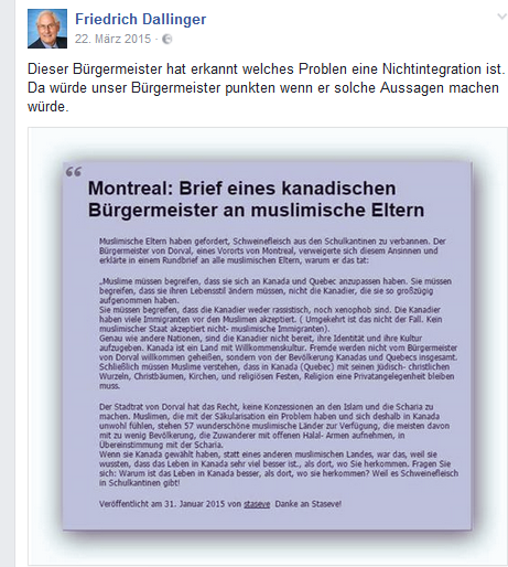 Auf der Faceboook-Seite von Friedrich Dallinger (Bezirksrat FPÖ Favoriten) werden auch Meldungen nicht entfernt, die längt widerlegt sind.
