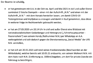 Aus dem Urteil der Bundesdisziplinarbehörde: Urkundenfälschung, Nazi-Bild, Autofahrt im Krankenstand
