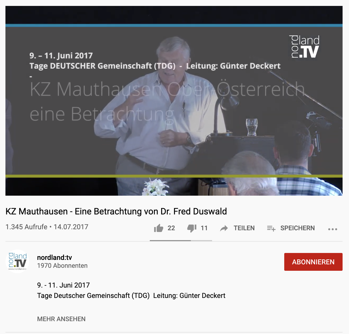 Duswald-Vortrag auf Youtube (im Bild Günter Deckert bei der Einleitung; Video ist inzwischen gelöscht)