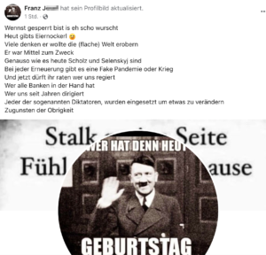 Eiernockerl, Hitler als Profilbild und Verschwörungskram bei Franz J.