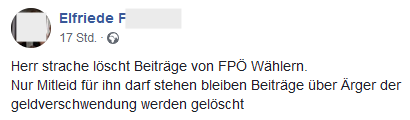 Elfriede F: "Herr strache löscht Beiträge von FPÖ Wählern. Nur Mitleid für ihn darf stehen bleiben Beiträge über Ärger der geldverschwendung werden gelöscht"