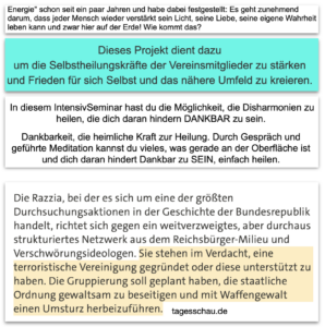 Licht, Liebe, Dankbarkeit, Heilung (Screenshot Website S...-Institut) versus reichsbürgerliche Terrorvereinigung