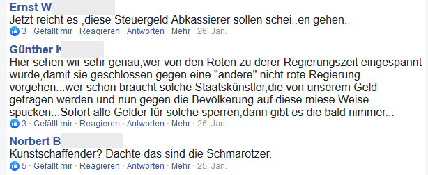 FPÖ Fanclub: "Steuergeld Abkassierer", "Staatskünstler", "Schmarotzer"