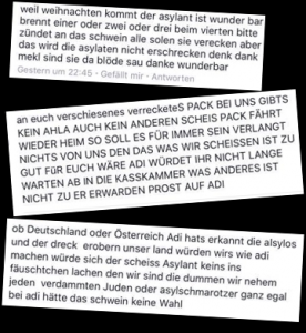 Die Angeklagte setzte Tag und Nacht, teils im Minutentakt, auf Facebook Postings ab: Gegen die "verdammten Juden", "Asylanten (...) zündet an das Schwein" und durchgängig: "Prost auf Adi [gemeint: Adolf Hitler]"