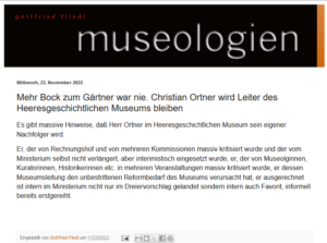 Gottfried Fliedl zu einer Neubestellung von Ortner als HGM-Direktor: "Mehr Bock zum Gärtner war nie" (Screenshot "museologien")
