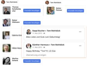 FB-Freund*innen Rohrböck: u.a. Thomas Schellenbacher (Ex-FPÖ-NR), Rainer Widmann, Martina Schenk, Stefan Petzner (Ex-BZÖ-NR); Bucher und Harmuss (Ring Freiheitlicher Wirtschaftstreibender) gratulieren Rohrböck auf FB häufig zum Geburtstag (Quelle: FB Rohrböck)