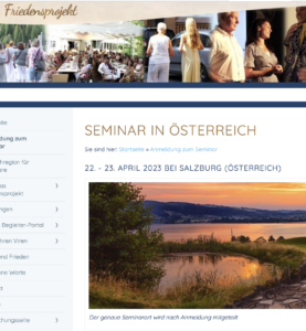 Seminar "Veritas-Bergleiter" am 22./23.4.23 mit Bild vom Attersee: "Der genaue Seminarort wird nach Anmeldung mitgeteilt" (Screenshot Website "Friedensprojekt")