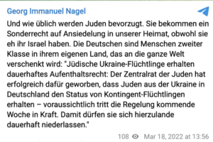 Antisemitismus bei Nagel: "Und wie üblich werden die Juden bevorzugt ..." (TG 18.3.22)