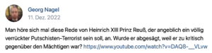 Georg Nagel über den im Dez. wegen Terrorverdachts verhafteten Heinrich Prinz Reuß: "Wurde er abgesägt, weil er zu kritisch war?" (vk.com 11.12.22)