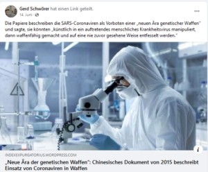 Gerd Schwörer: "Krankheitsvirus manipuliert, dann waffenfähig gemacht" (Screenshot FB)