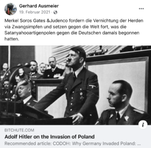 Gerhard Ausmeier: "Merkel Soros Gates &Judenco ..." mit Link zu Nazi-Propaganda (Screenshot FB Ausmeier)