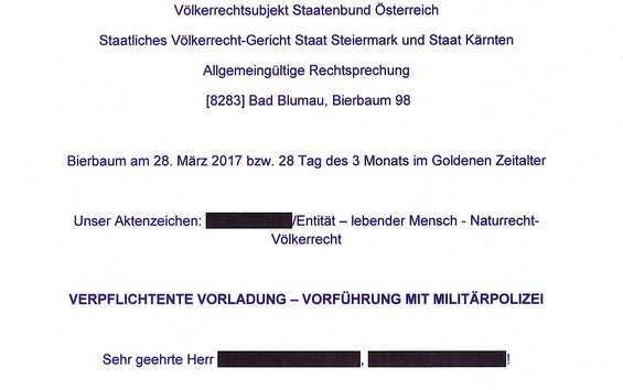 Gerichtsvorladung des (fiktiven) Staatenbundes aus Bad Blumau ins Landesgericht Graz - wer da geladen wird ist noch unklar...