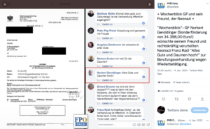 Wochenblick-Geschäftsführer Geroldinger wünscht dem Neonazi Radl für dessen Prozess "Alles Gute" (Twitter FPÖ Fails 4.1.21)