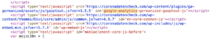 Quelltext Coronandatencheck.com mit Anzeige der Installation von Google Analytics