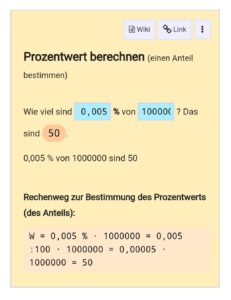 Wiki-Prozentrechnung: 0,005% von 1 Million ergibt 50.