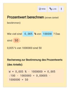 Wiki-Prozentrechnung: 0,005% von 1 Million ergibt 50.