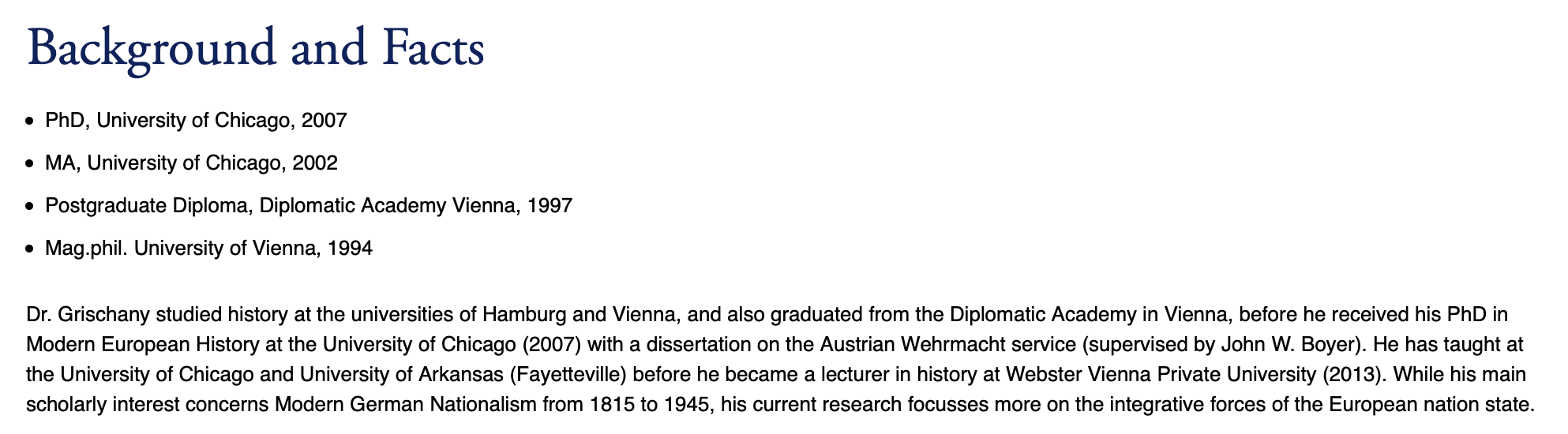 Biographische Angaben Grischany auf Website Webster Universität