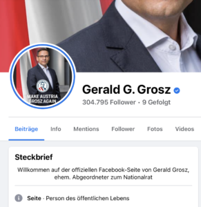 Gerald Grosz FB-Seite: 304.795 Follower (Screenshot 29.6.22)