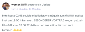 Razzia bei T: "BESONDERER VORTRAG wegen polizei-Überfall" (Screenshot T-Institut)