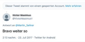 Kläger via Twitter an Sellner: "Bravo weiter so"