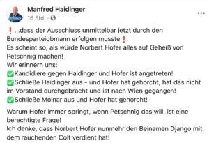 Haidinger motzt nach dem Parteiausschluss von Molnár gegen Hofer und Petschnig (FB 5.3.21)