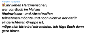 Aufruf, in die geschlossene TG-Gruppe "Rheinwiesen- und Ahrtaltreffen" zu kommen: "Ihr lieben Herzmenschen ..." (Screenshot TG-Gruppe "Herzen handeln"