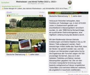 Oliver Kloth leitet einen den Holocaust leugnenden Text in der TG-Gruppe "Rheinwiesen- und Ahrtaltreffen" weiter. (Screenshot TG)