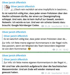 Janich: "„Es ist natürlich völlig klar, dass jeder einen Polizisten über den Haufen schiessen dürfte (...) aufgebracht über die fschistischen Massenmörder" (TG 16.11.21)